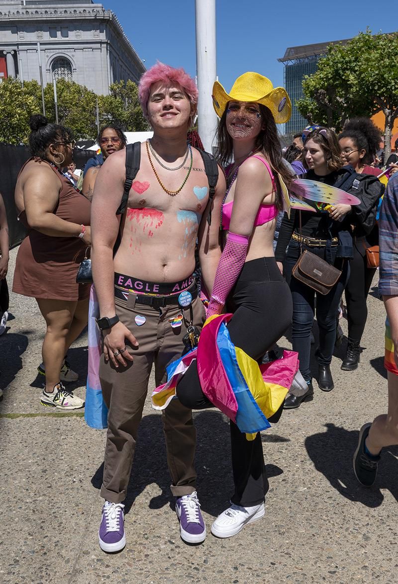 Partygoers at the Civic Center Plaza celebrate following the 52nd annual San Francisco Pride Parade on June 26, 2022