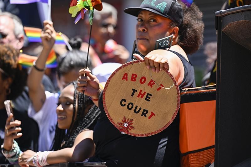 A woman protests the recent Supreme Court ruling on abortion during the 52nd annual San Francisco Pride Parade on June 26, 2022