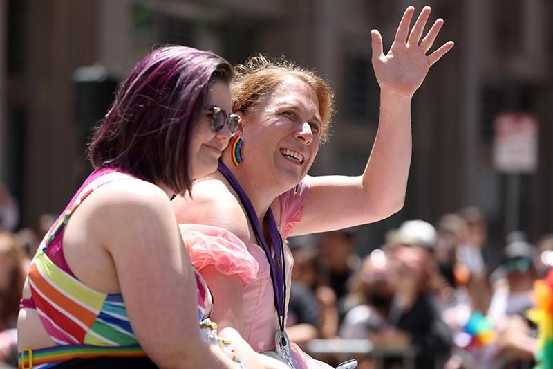 SF Pride grand marshal 'Jeopardy!' champion Amy Schneider waves to the crowd during the 52nd Annual San Francisco Pride Parade and Celebration on June 26, 2022