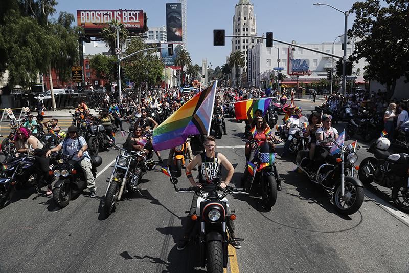 Motorcyclists along Hollywood Blvd at the 2022 LA Pride Parade on June 12, 2022