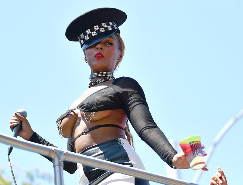 WeHo Pride'sGrand Marshal Icon Janelle Monáe performs atop her float in the city of West Hollywood's Pride Parade on June 05, 2022