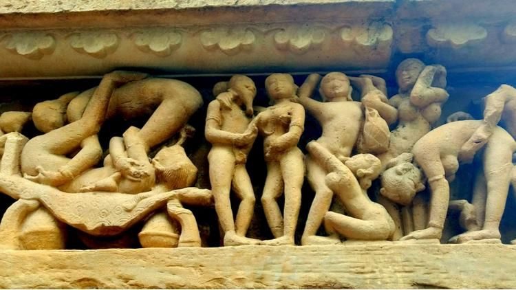 Sculpture at a temple in Khajuraho in Madhya Pradesh, India