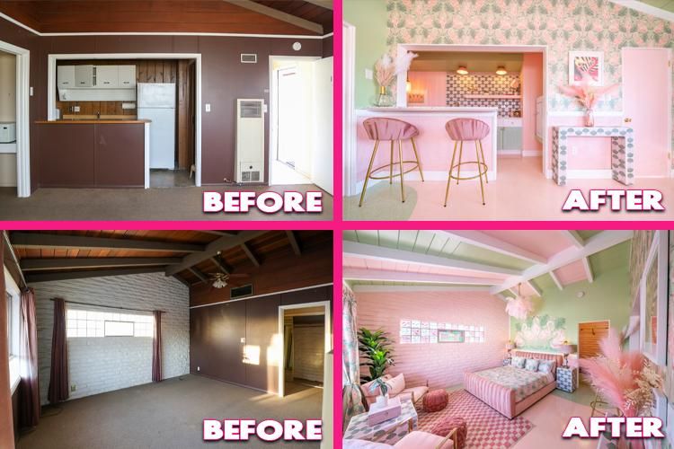 The Flamingo room before and after in Trixie Motel