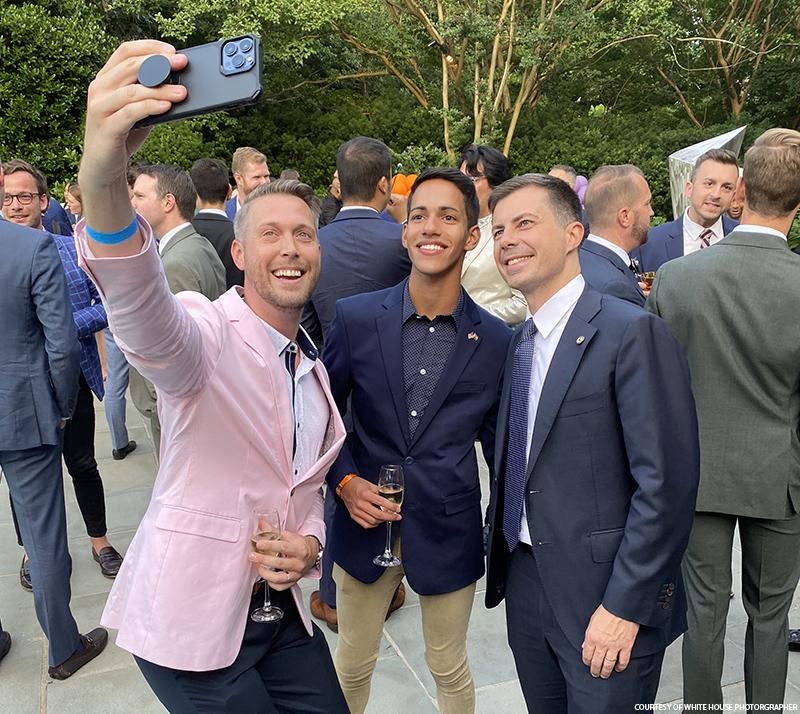 Pete Buttigieg and attendees at VP Kamala Harris's Pride event